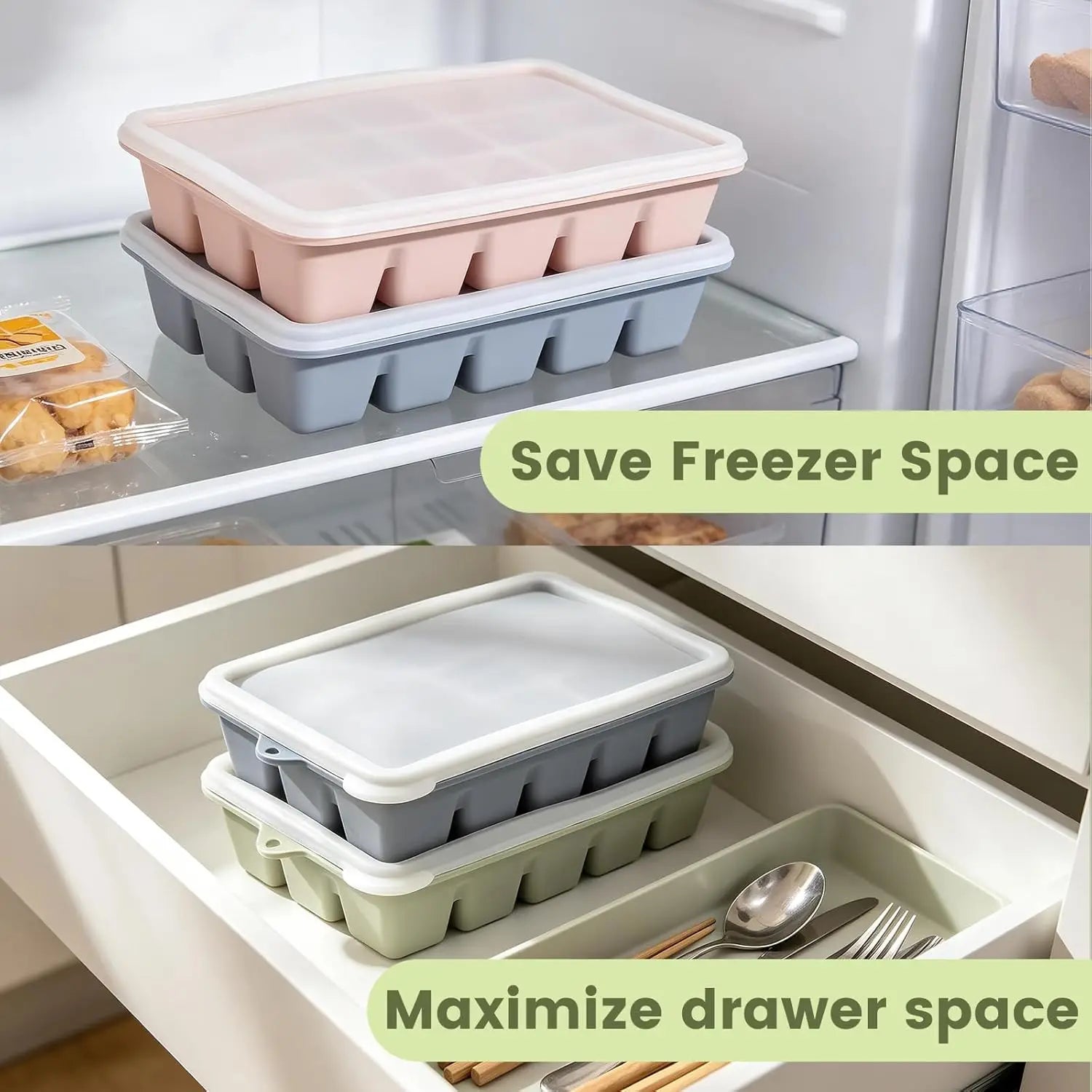 Silicone Ice Cube Tray 1/2/3 Pack with Lid for Whiskey Cocktail Drinks & Food - Freezer Grade Ice Trays for Easy Ice Cubes Relea