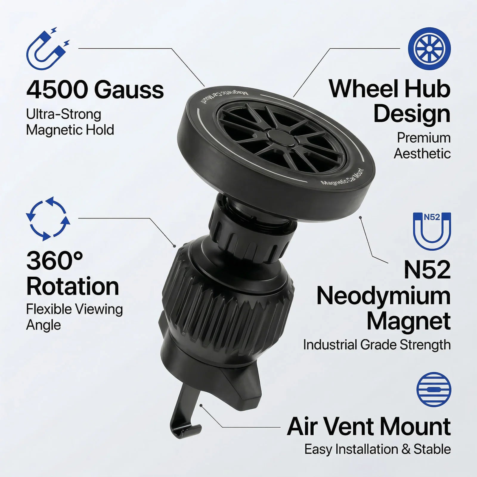 Magnetic Car Phone Mount – 4500 Gauss N52 Magnet, Wheel-Rim Design, Super Strong Phone Holder for Air Vent, for iPhone Android