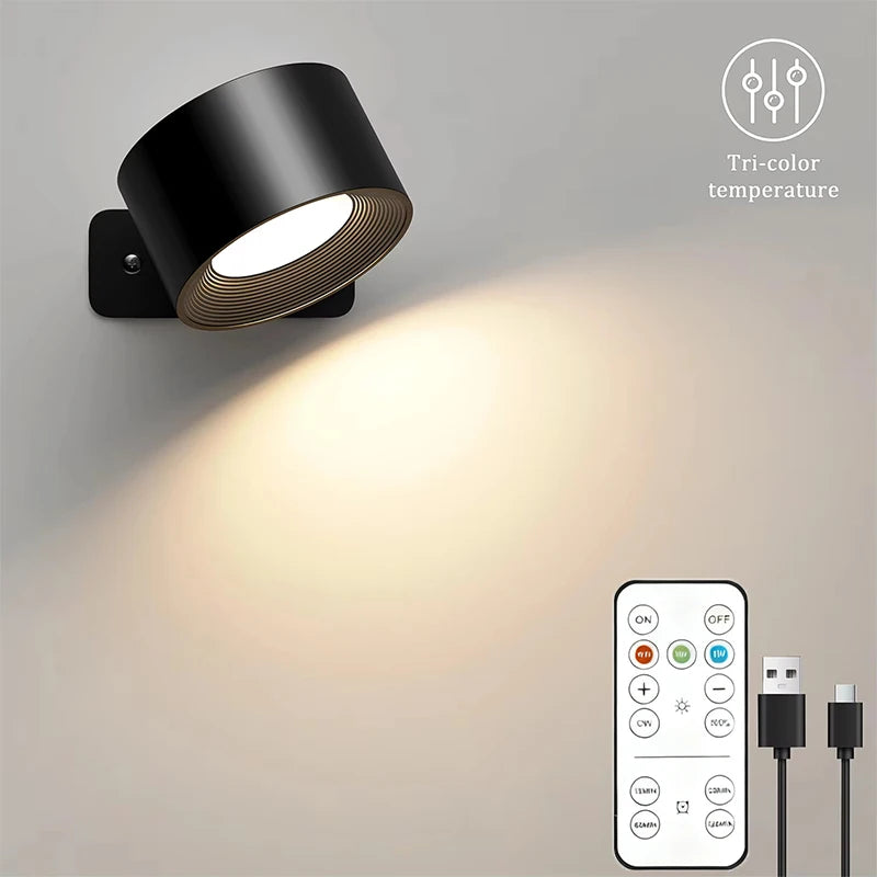 LED Wall Lights with Remote, Rechargeable Wall Mounted Reading Sconces Lamp 2000mAh, 3 Colors & Dimmable Magnetic 360° Rot