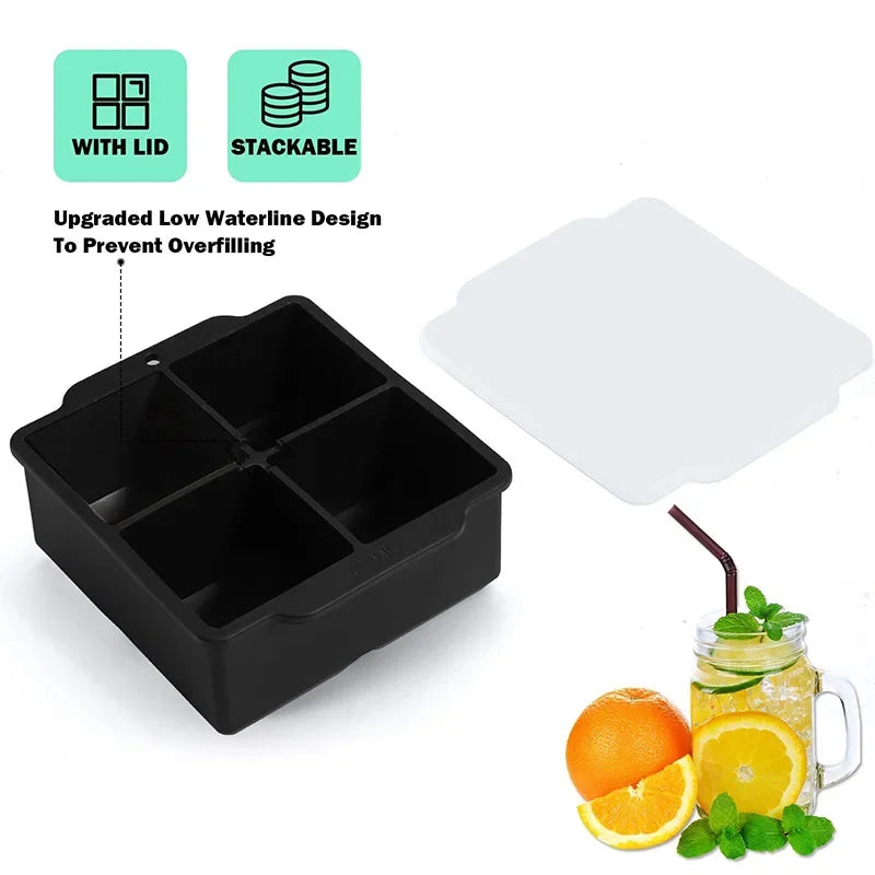 Silicone Large Ice Molds 2 Inch Big Ice Cube Trays with Removable Lid BPA-Free Easy Release and Stackable Flexible Ice Cube Tray