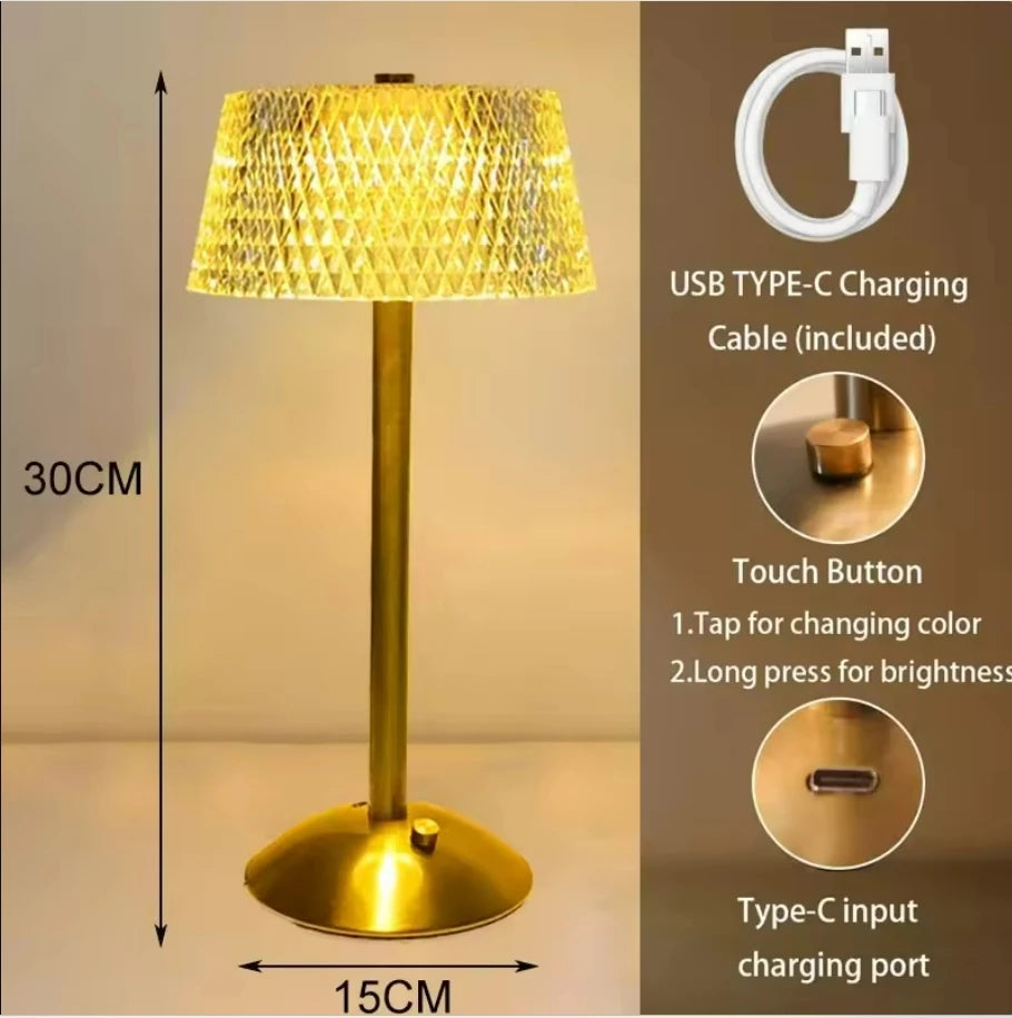 Luxury Cordless Crystal Table Lamp - Smart Touch Control