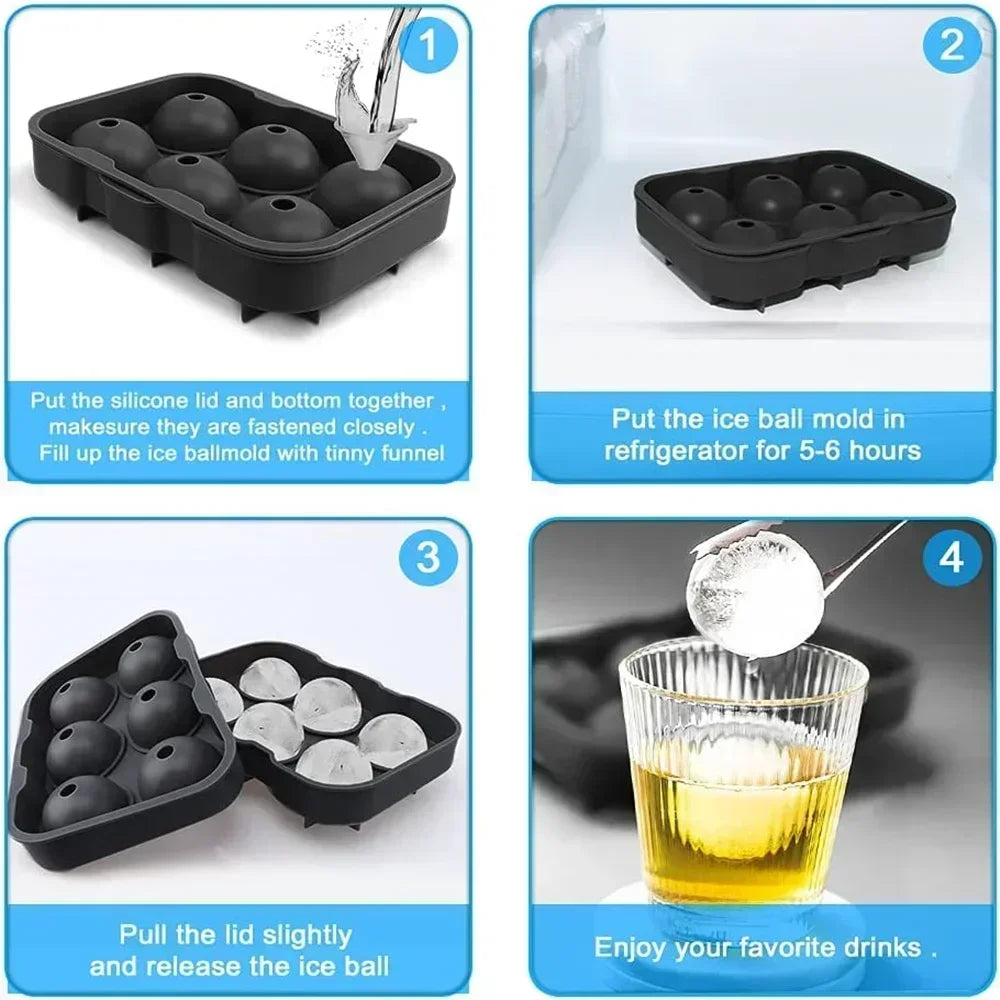 6 Cavity Ice Ball Mold Food Grade Silicone BPA Free Leakproof Easy Release Large Sphere Ice Tray with Lid for Whiskey Cocktails