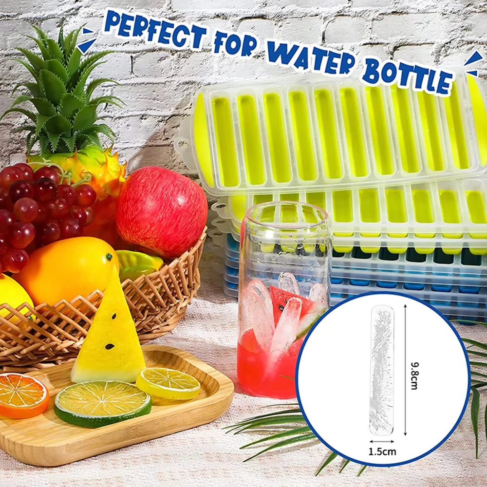 Long Strip Shape Silicone Ice Cube Mould Pop Out Plastic Ice Cube Tray With Lid Reusable Ice Stick Tray Easy Release Bar Kitche