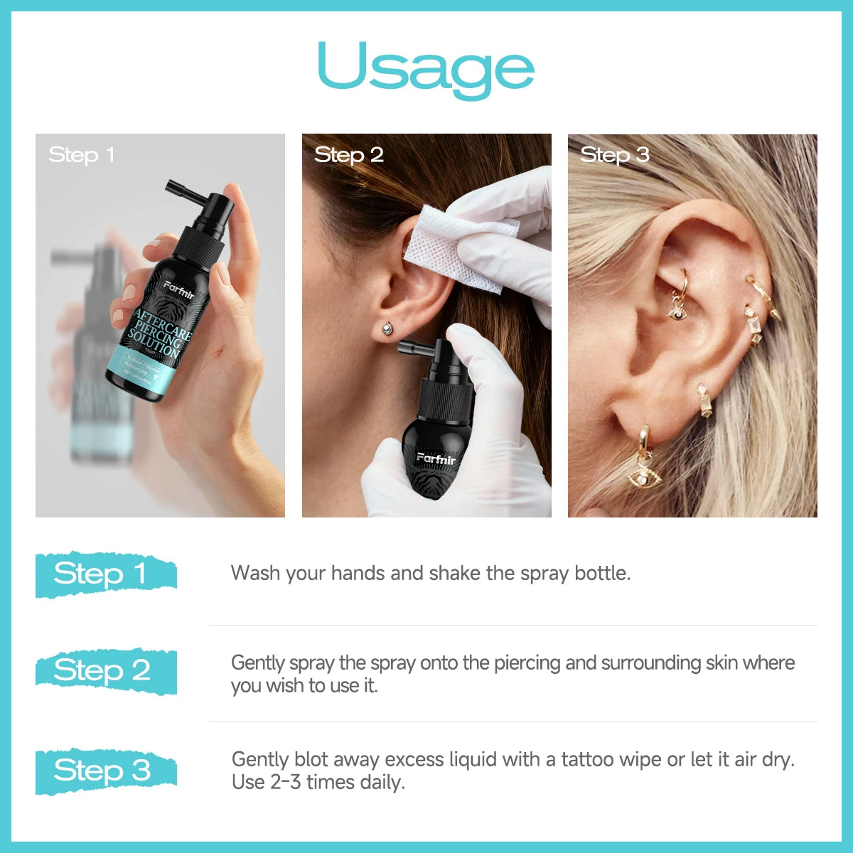 Perforation care spray, gentle cleaning spray suitable for skin cleansing of ears, nose, tongue, lips, abdomen and other areas