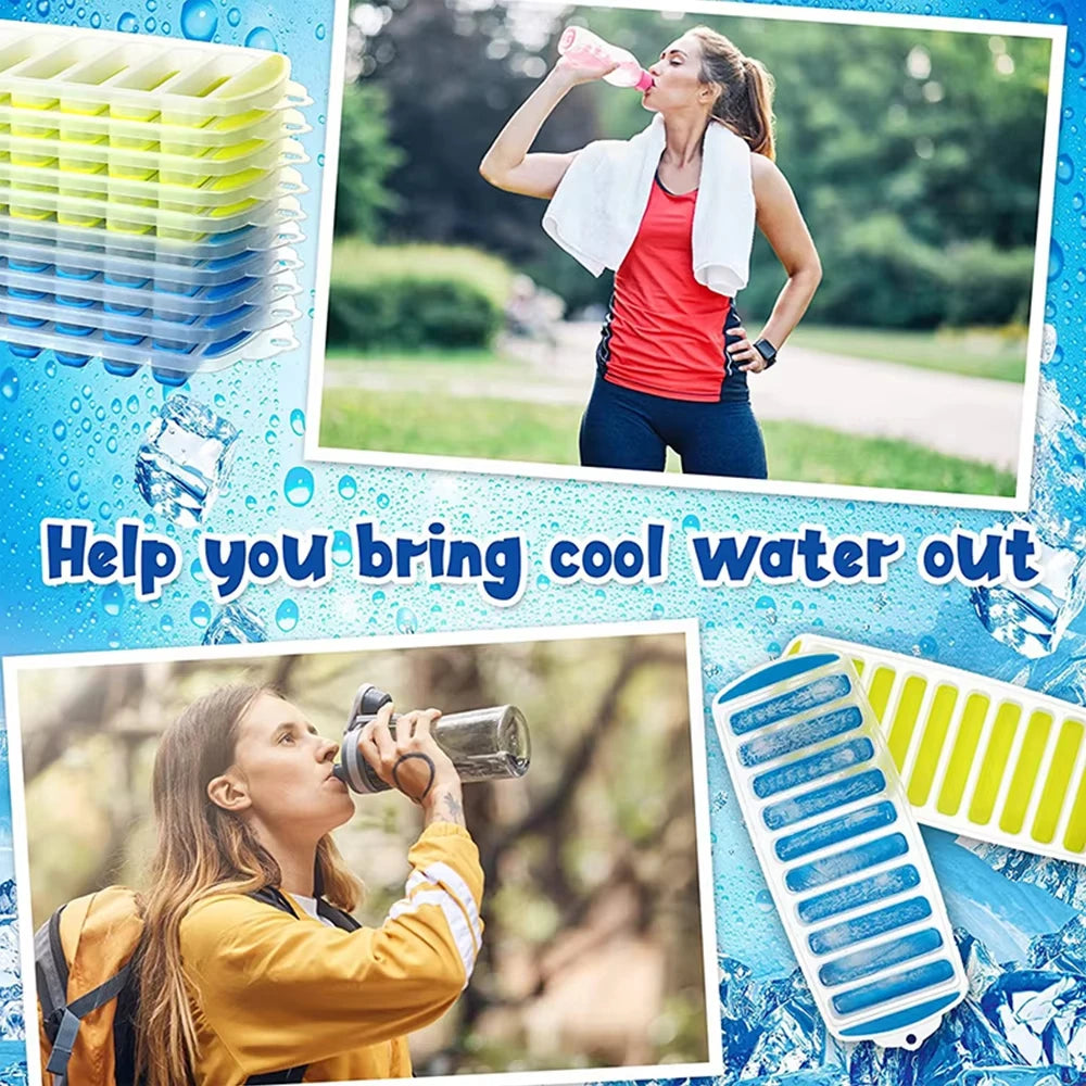 Long Strip Shape Silicone Ice Cube Mould Pop Out Plastic Ice Cube Tray With Lid Reusable Ice Stick Tray Easy Release Bar Kitche