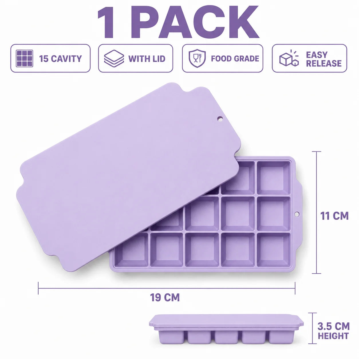 15-Grid Silicone Ice Cube Tray with Lid Large Square Ice Mold for Whiskey Cocktails Reusable Easy Release Ice Maker