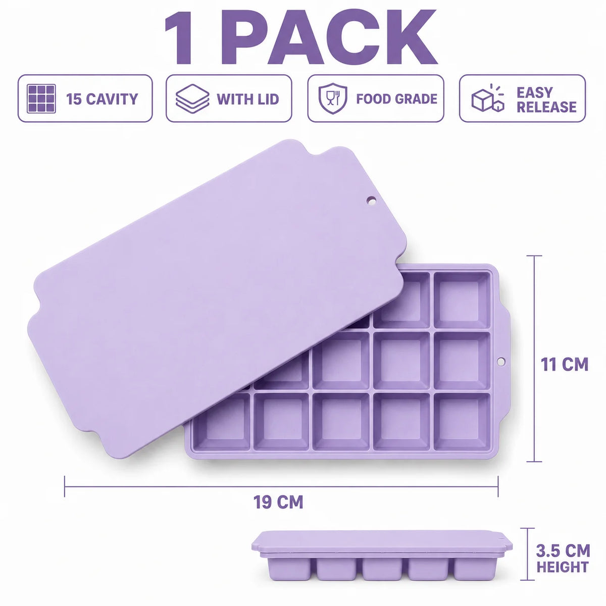 15-Grid Silicone Ice Cube Tray with Lid Large Square Ice Mold for Whiskey Cocktails Reusable Easy Release Ice Maker