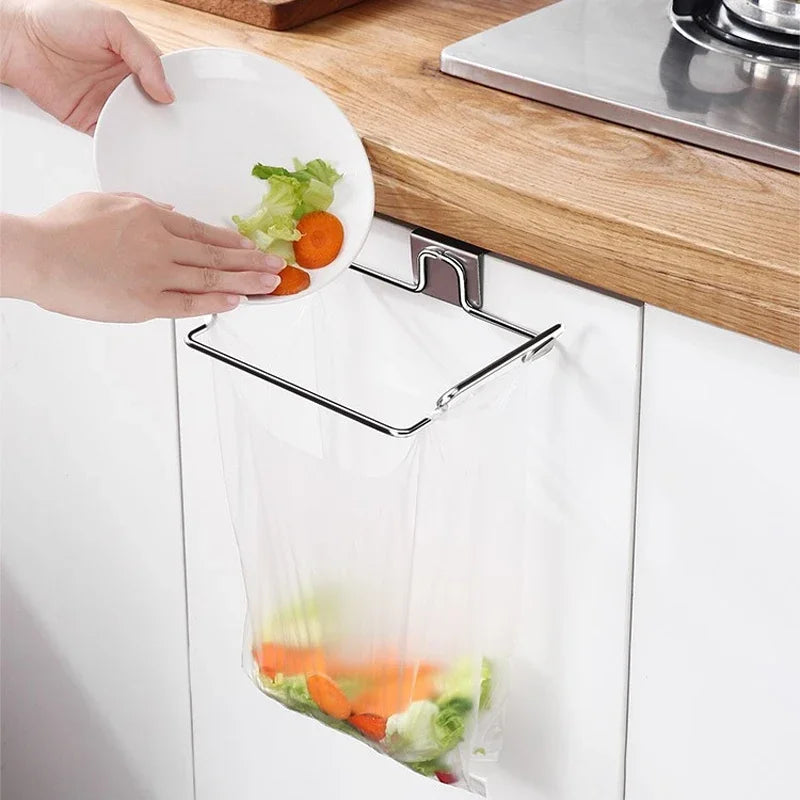Kitchen Non Perforated Stainless Steel Garbage Rack With Hanging Bracket, Cabinet Door With Cloth And Garbage Bag Storage Rack