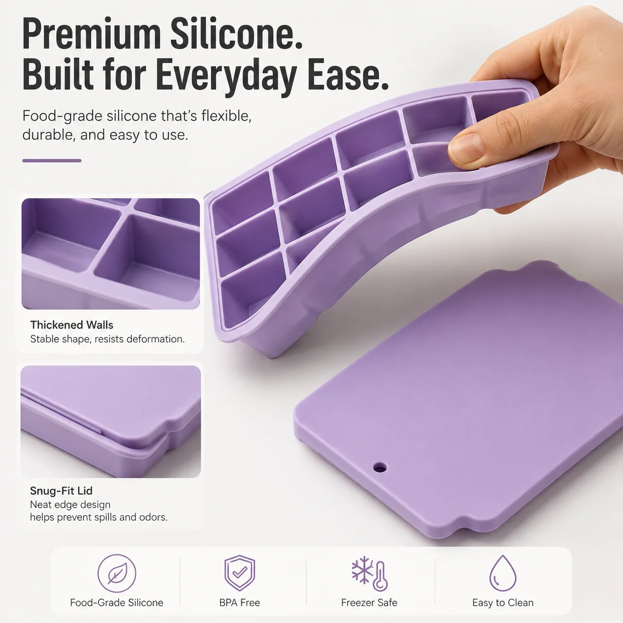 15-Grid Silicone Ice Cube Tray with Lid Large Square Ice Mold for Whiskey Cocktails Reusable Easy Release Ice Maker