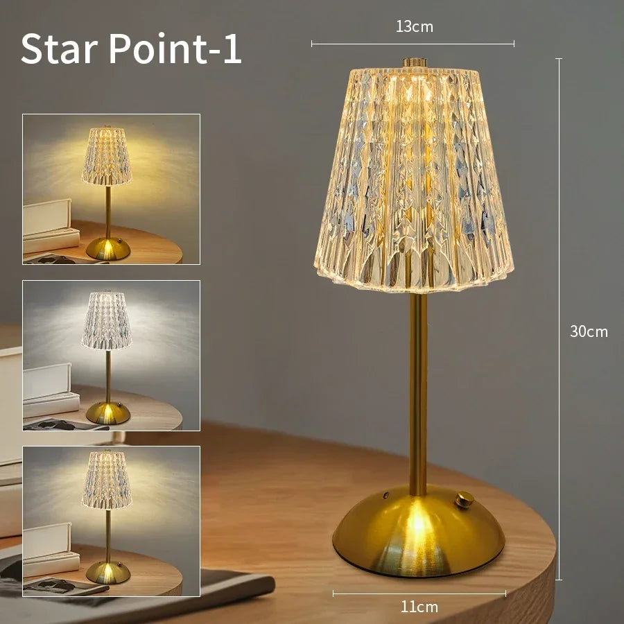 Crystal LED Table Decor Light Touch Sensor Desktop Night Light Rechargeable Reading Lamp for Bedroom Bedside Hotel Bar Decor