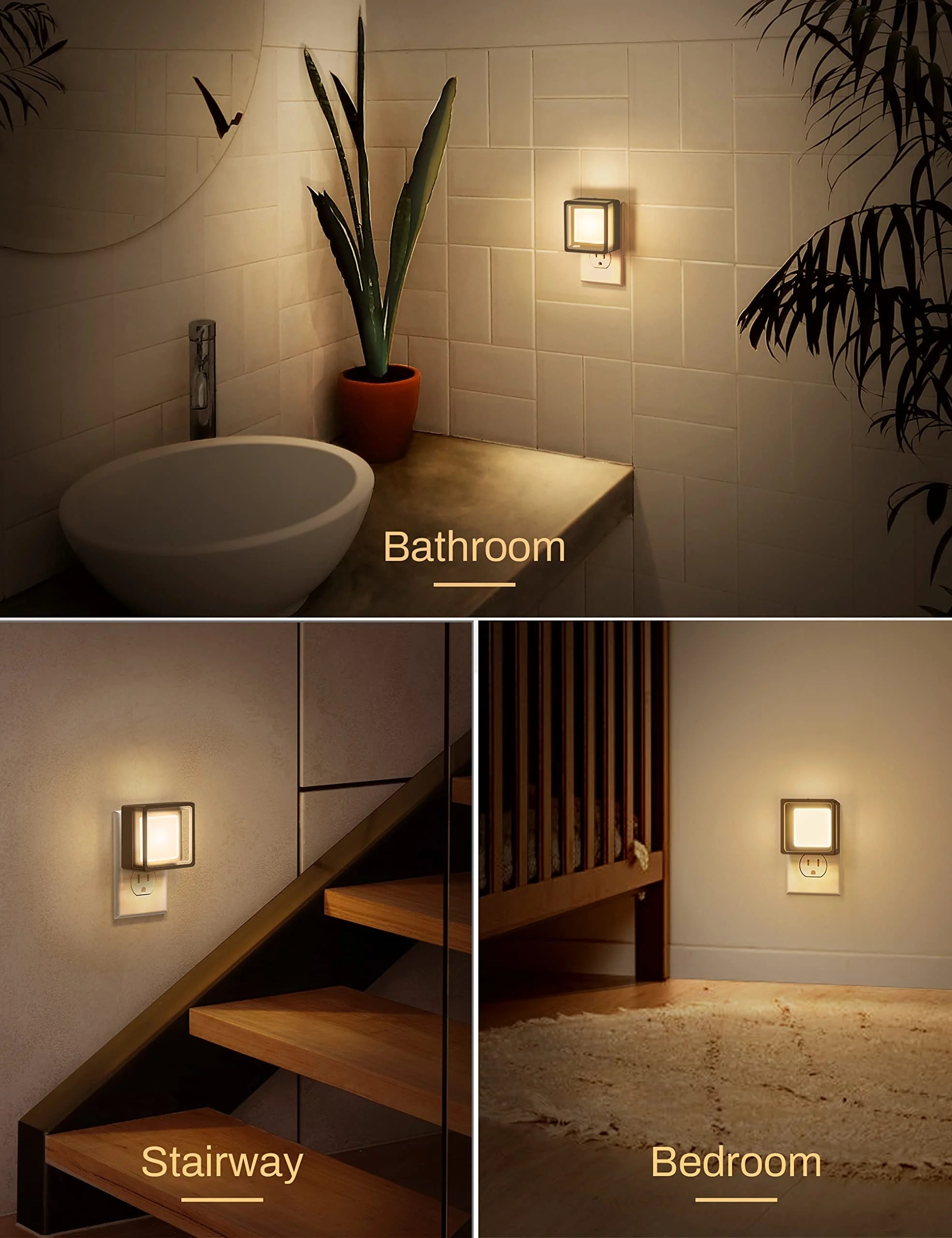 Smart Plug-in Wall Lamp, 3000K Warm Light, Auto Dusk to Dawn Sensor, Adjustable Brightness, Energy Saving Compact Night Light for Stairs/Bedroom/Kids Room