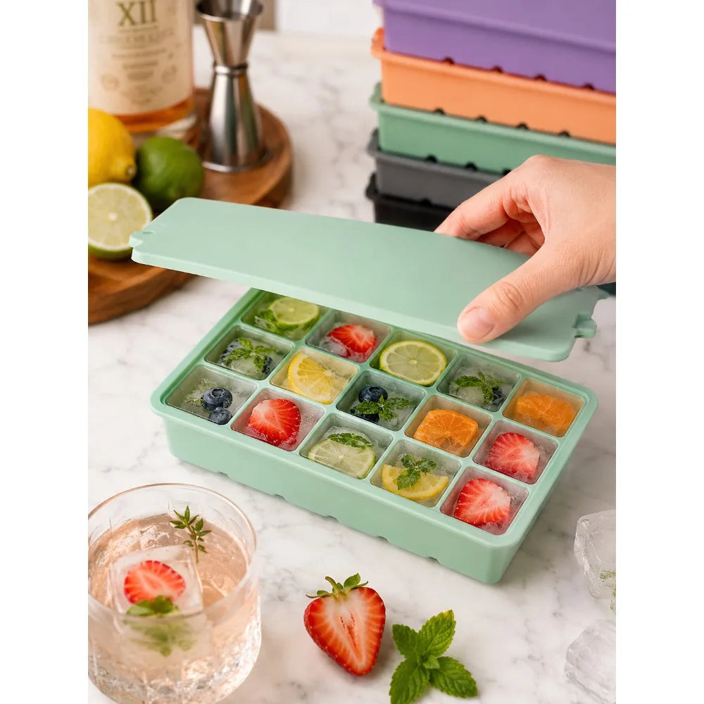 15-Grid Silicone Ice Cube Tray with Lid Large Square Ice Mold for Whiskey Cocktails Reusable Easy Release Ice Maker