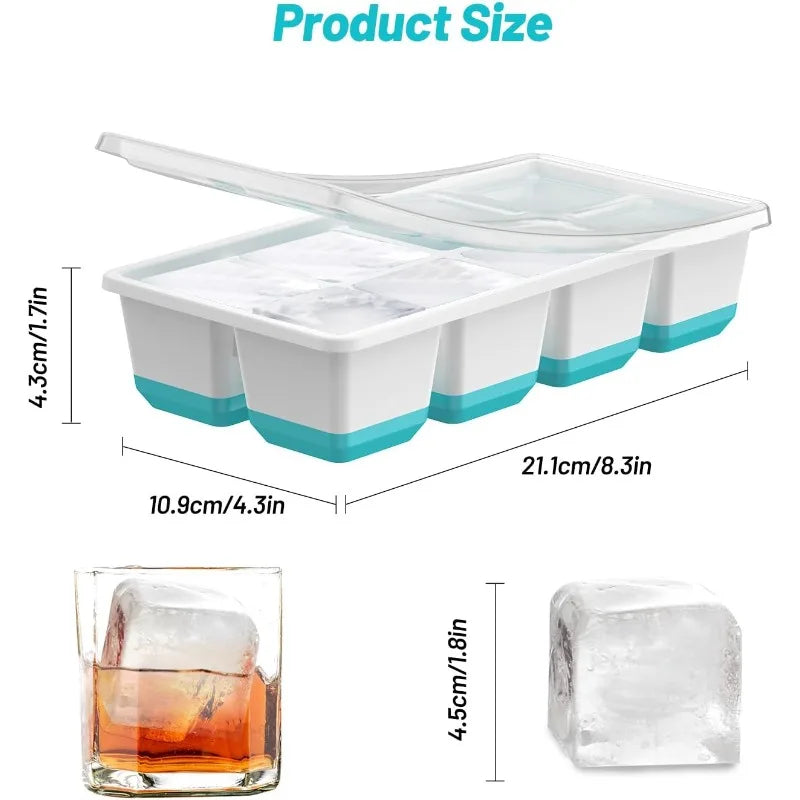 8 Grid Large Square Plastic Ice Tray with Lid, Soft Bottom Easy To Release Mold  Large Ice Cube Mold for Whiskey Cocktail