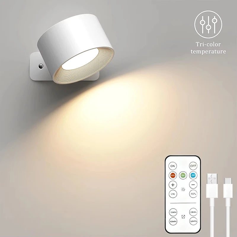 LED Wall Lights with Remote, Rechargeable Wall Mounted Reading Sconces Lamp 2000mAh, 3 Colors & Dimmable Magnetic 360° Rot