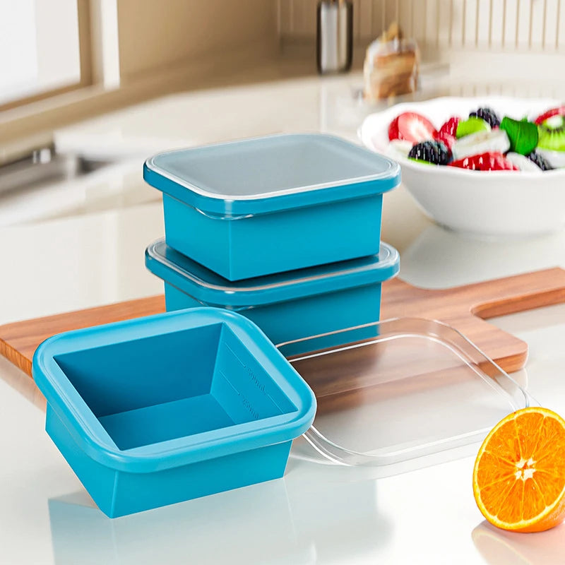 Silicone Freezing Tray With Plastic Lid Freezer Container Ice Molds Easy-Release Stackable For Food Storage Outdoor Tableware