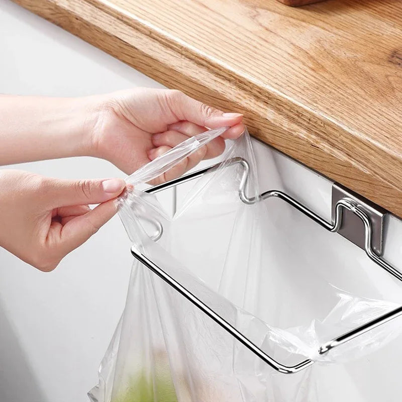 Kitchen Non Perforated Stainless Steel Garbage Rack With Hanging Bracket, Cabinet Door With Cloth And Garbage Bag Storage Rack