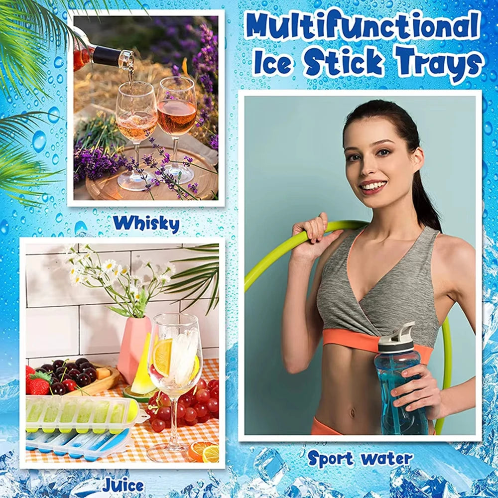Long Strip Shape Silicone Ice Cube Mould Pop Out Plastic Ice Cube Tray With Lid Reusable Ice Stick Tray Easy Release Bar Kitche