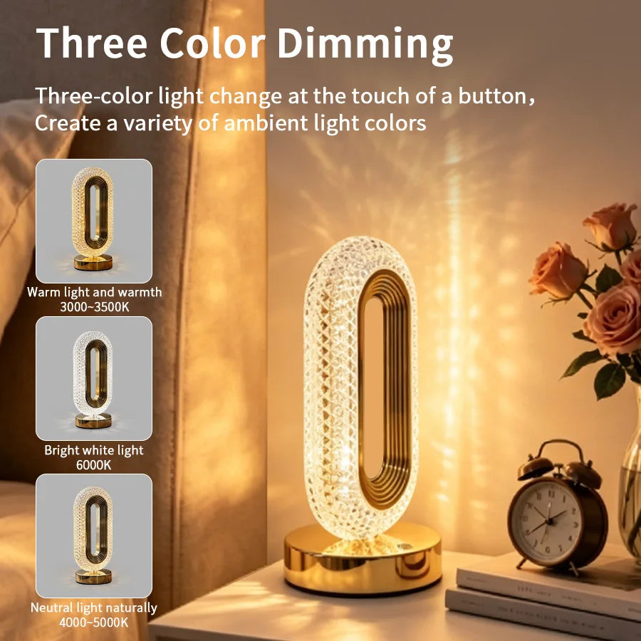 Rechargeable LED Crystal Table Lamp Touch Dimmable Bedside Lamp Night Light USB 3 Color Temperatures Ambient Light Home Decor