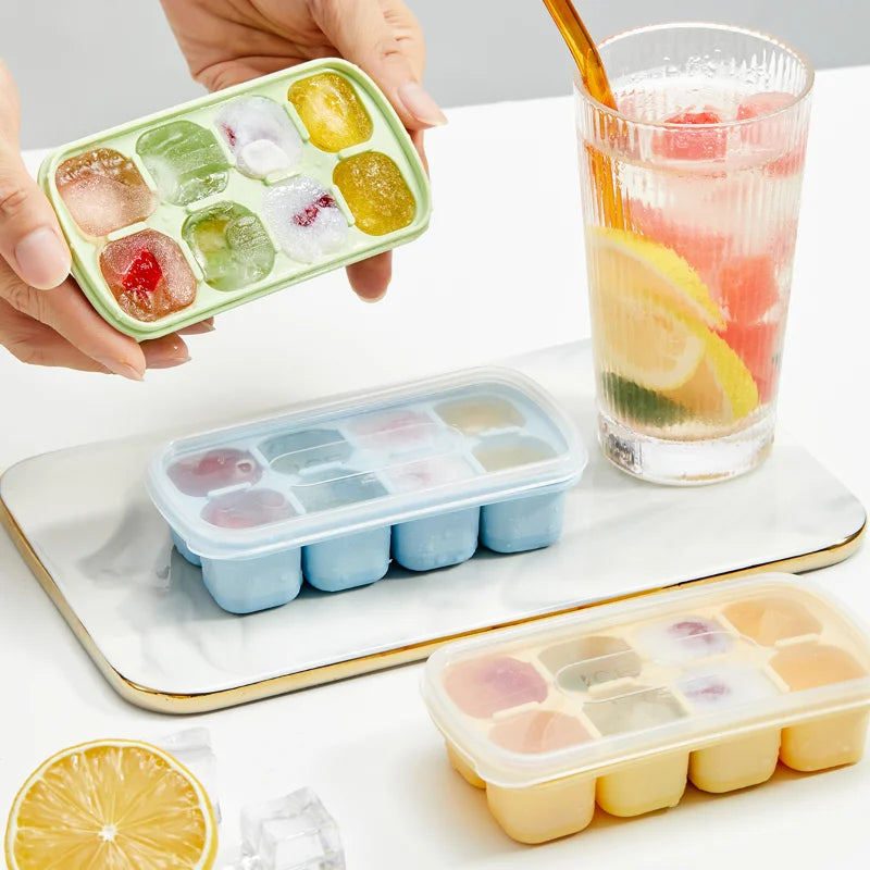 1PC 8 Grids Silicone Ice Cube Tray With Lid Reusable Ice Mold Kitchen Bar Tools Square Ice Cube Mould For Whisky Cold Drink