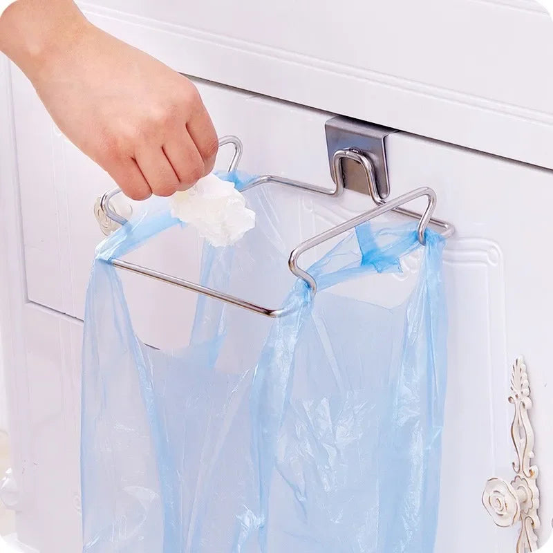 Kitchen Non Perforated Stainless Steel Garbage Rack With Hanging Bracket, Cabinet Door With Cloth And Garbage Bag Storage Rack