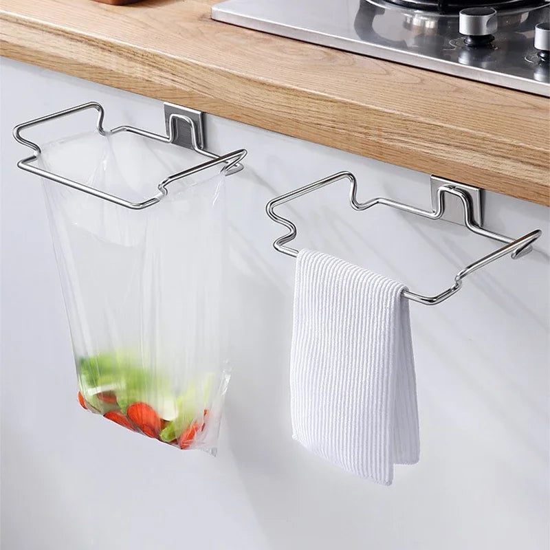Kitchen Non Perforated Stainless Steel Garbage Rack With Hanging Bracket, Cabinet Door With Cloth And Garbage Bag Storage Rack