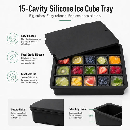 15-Grid Silicone Ice Cube Tray with Lid Large Square Ice Mold for Whiskey Cocktails Reusable Easy Release Ice Maker