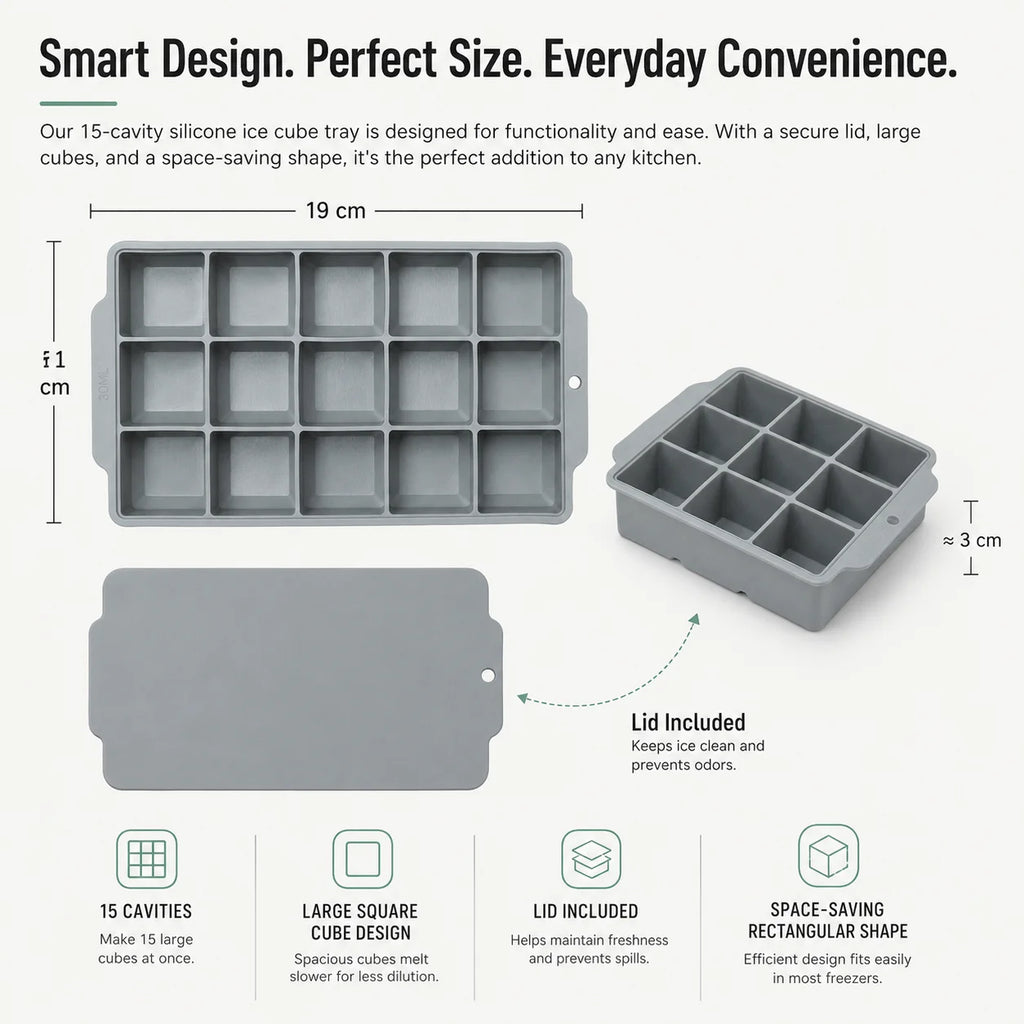 15-Grid Silicone Ice Cube Tray with Lid Large Square Ice Mold for Whiskey Cocktails Reusable Easy Release Ice Maker