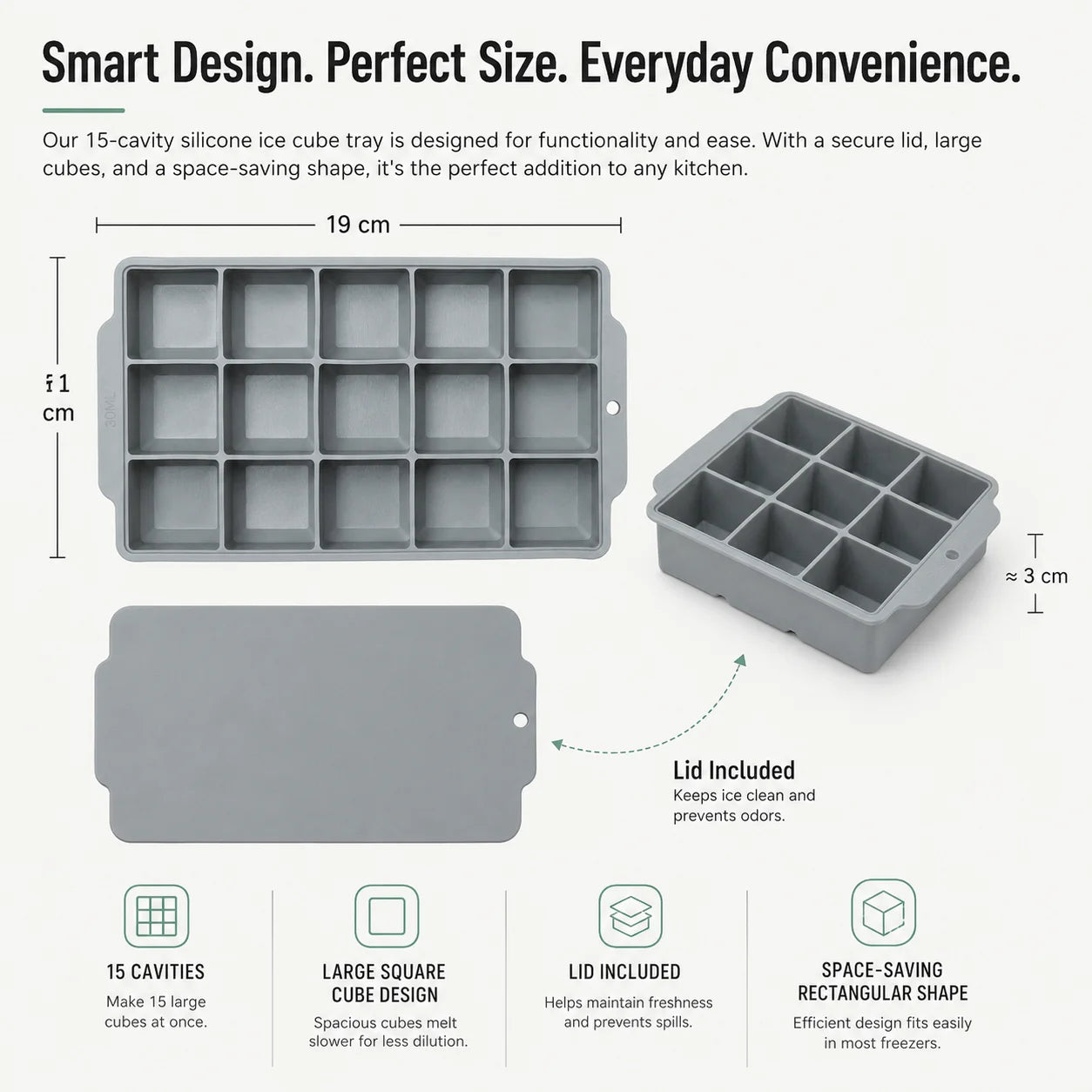 15-Grid Silicone Ice Cube Tray with Lid Large Square Ice Mold for Whiskey Cocktails Reusable Easy Release Ice Maker