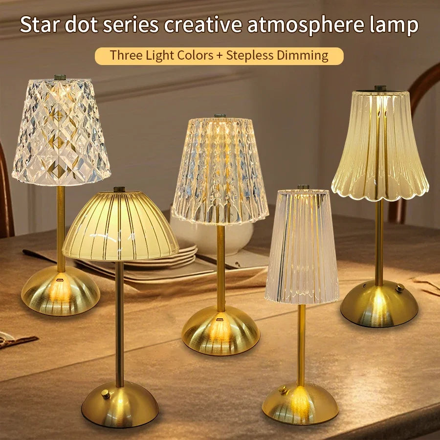 Crystal LED Table Decor Light Touch Sensor Desktop Night Light Rechargeable Reading Lamp for Bedroom Bedside Hotel Bar Decor
