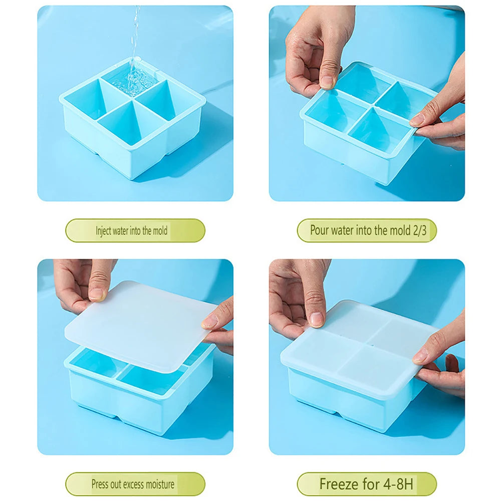 4/6/8/15 Large Grids Ice Cube Tray with Lid Food Grade Silicone Ice Cube Mold Flexible Ice Trays for Freezer Homemade DIY Drinks