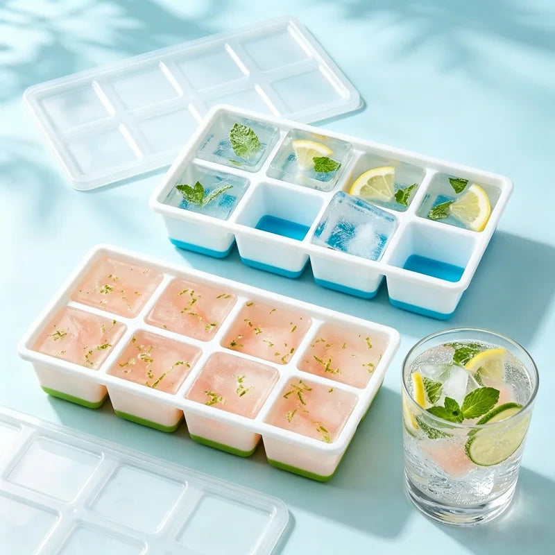 8 Grid Large Square Plastic Ice Tray with Lid, Soft Bottom Easy To Release Mold  Large Ice Cube Mold for Whiskey Cocktail