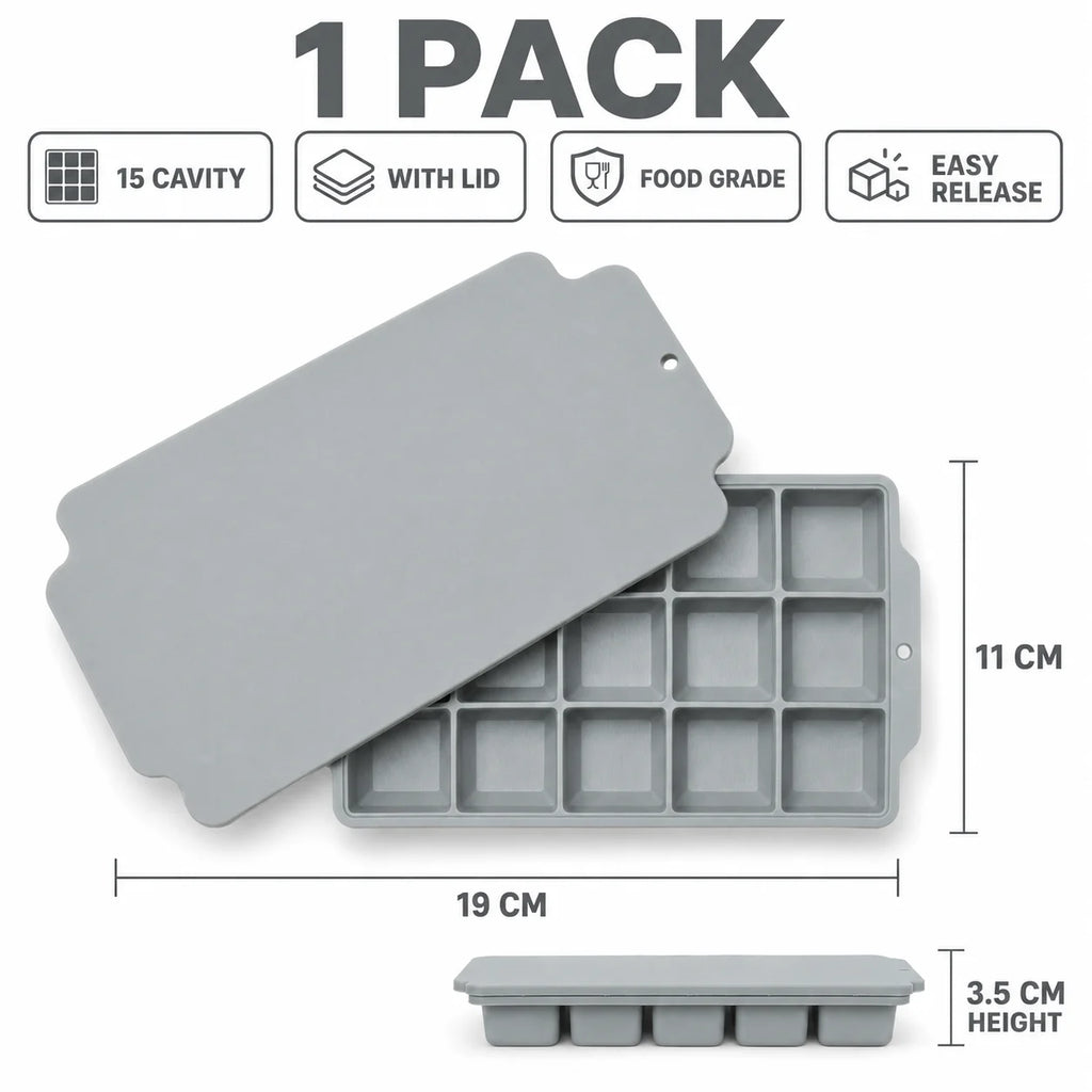 15-Grid Silicone Ice Cube Tray with Lid Large Square Ice Mold for Whiskey Cocktails Reusable Easy Release Ice Maker