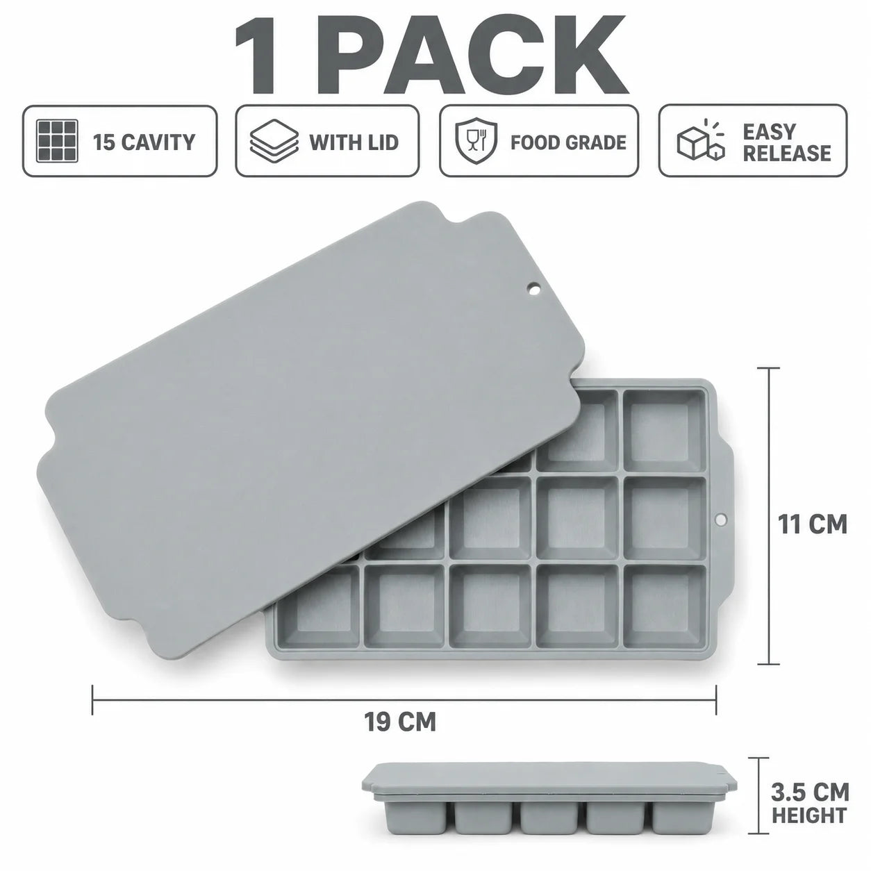 15-Grid Silicone Ice Cube Tray with Lid Large Square Ice Mold for Whiskey Cocktails Reusable Easy Release Ice Maker