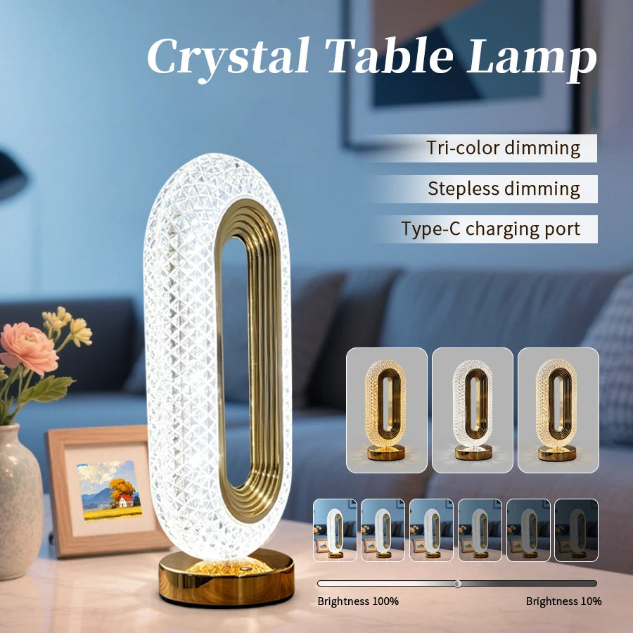 Rechargeable LED Crystal Table Lamp Touch Dimmable Bedside Lamp Night Light USB 3 Color Temperatures Ambient Light Home Decor