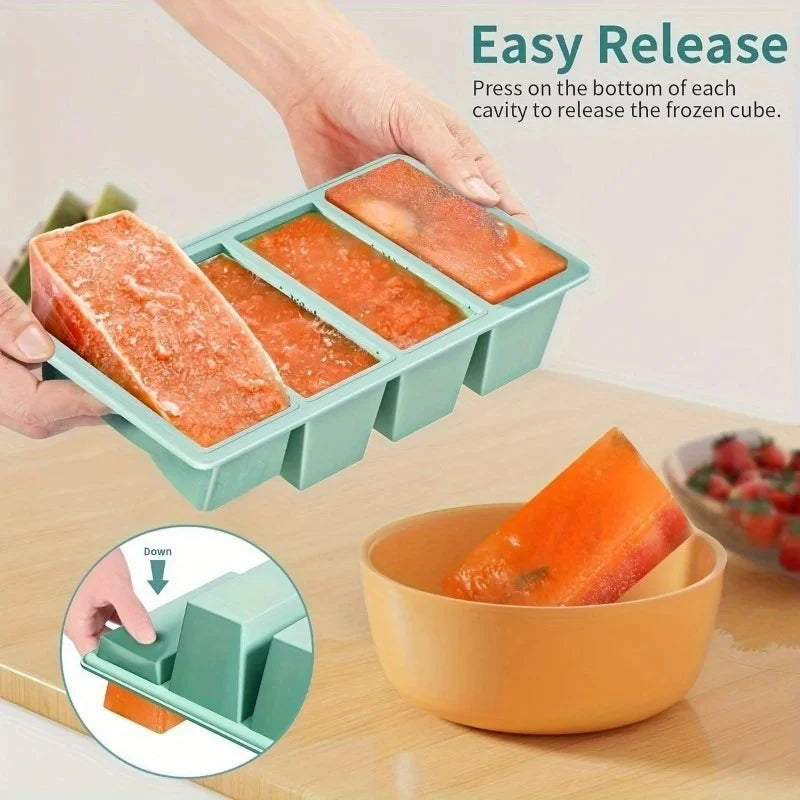 Silicone Ice Cube Tray 4 Grid Large Strip With Lid Easy Release Ice Mold Home Useful Ice Mold for Whiskey Long Square Ice Maker