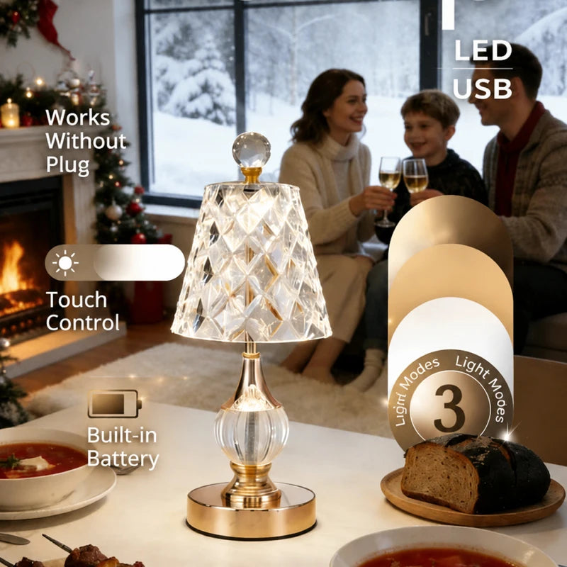 Luxury Crystal Desk Lamp Home Decor LED Table Light Rechargeable Bedside Light Reading Lamp