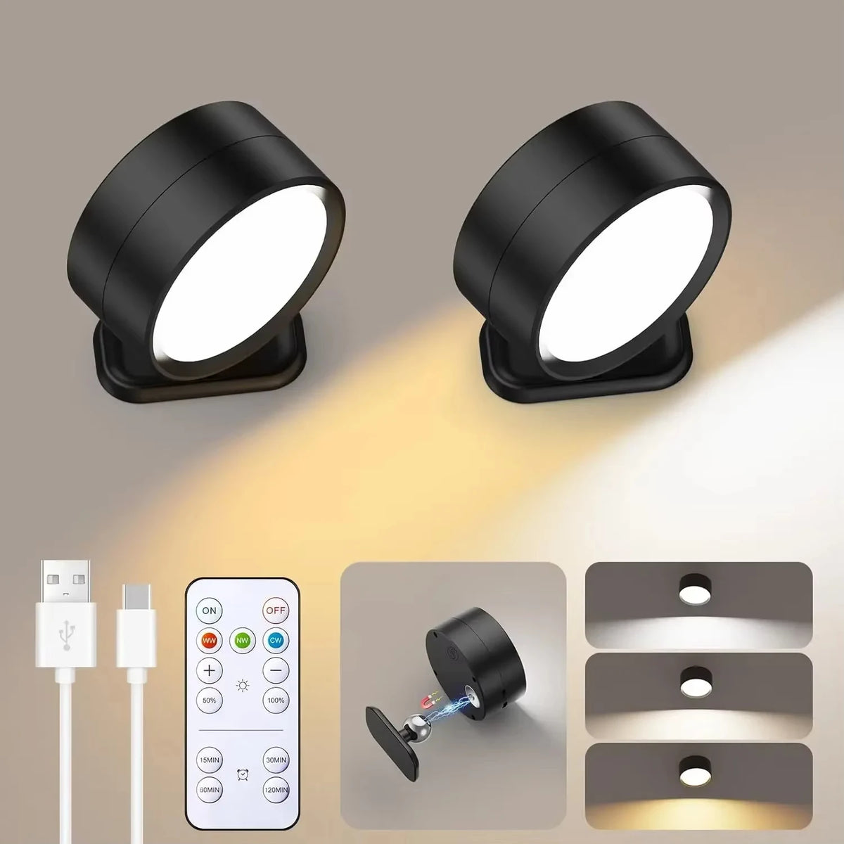LED Wall Lights with Remote, Rechargeable Wall Mounted Reading Sconces Lamp 2000mAh, 3 Colors & Dimmable Magnetic 360° Rot