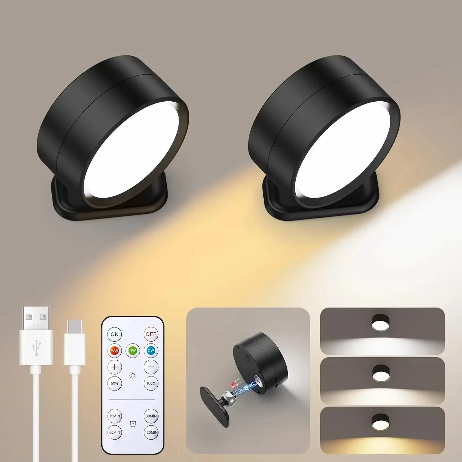 LED Wall Lights with Remote, Rechargeable Wall Mounted Reading Sconces Lamp 2000mAh, 3 Colors & Dimmable Magnetic 360° Rot