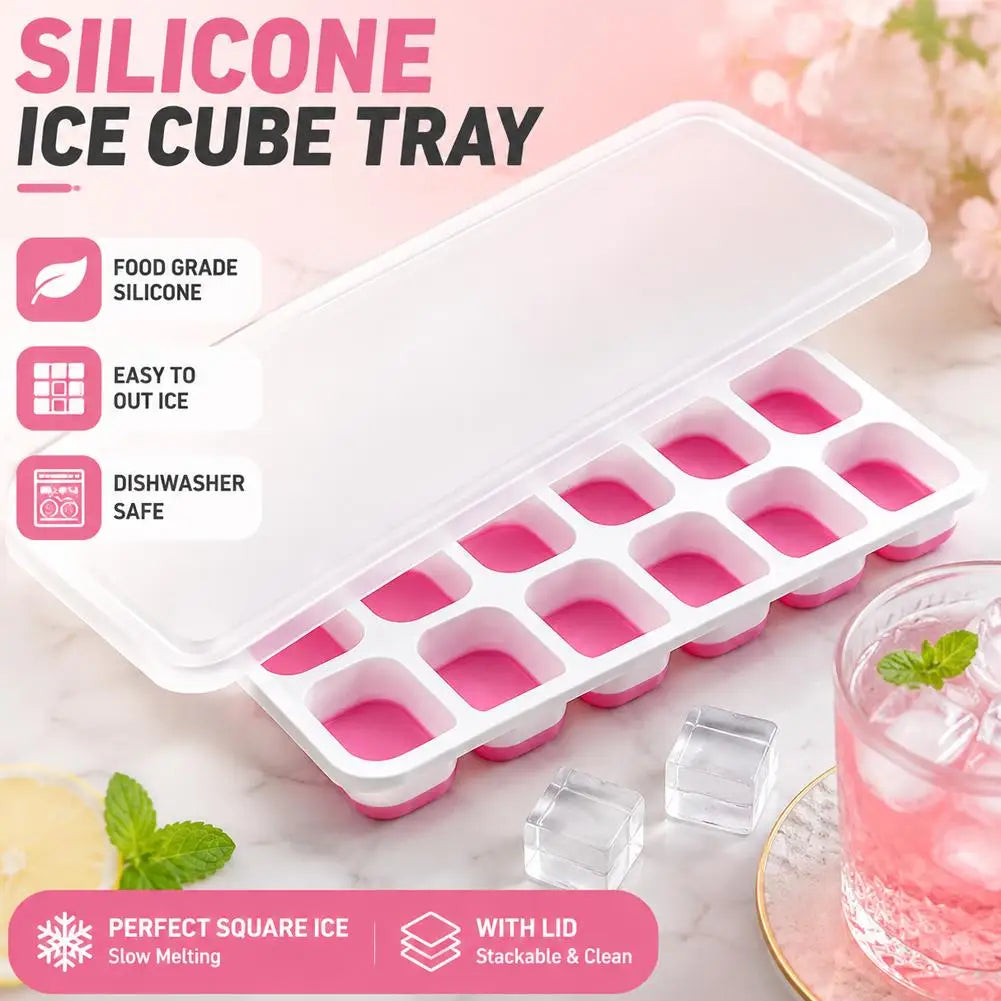 Ice Cube Tray Mold with Lid 14-Grid Ice Cube Trays Silicone Ice Mold with Removable Lid DIY Homemade Cocktail Freezer Mould
