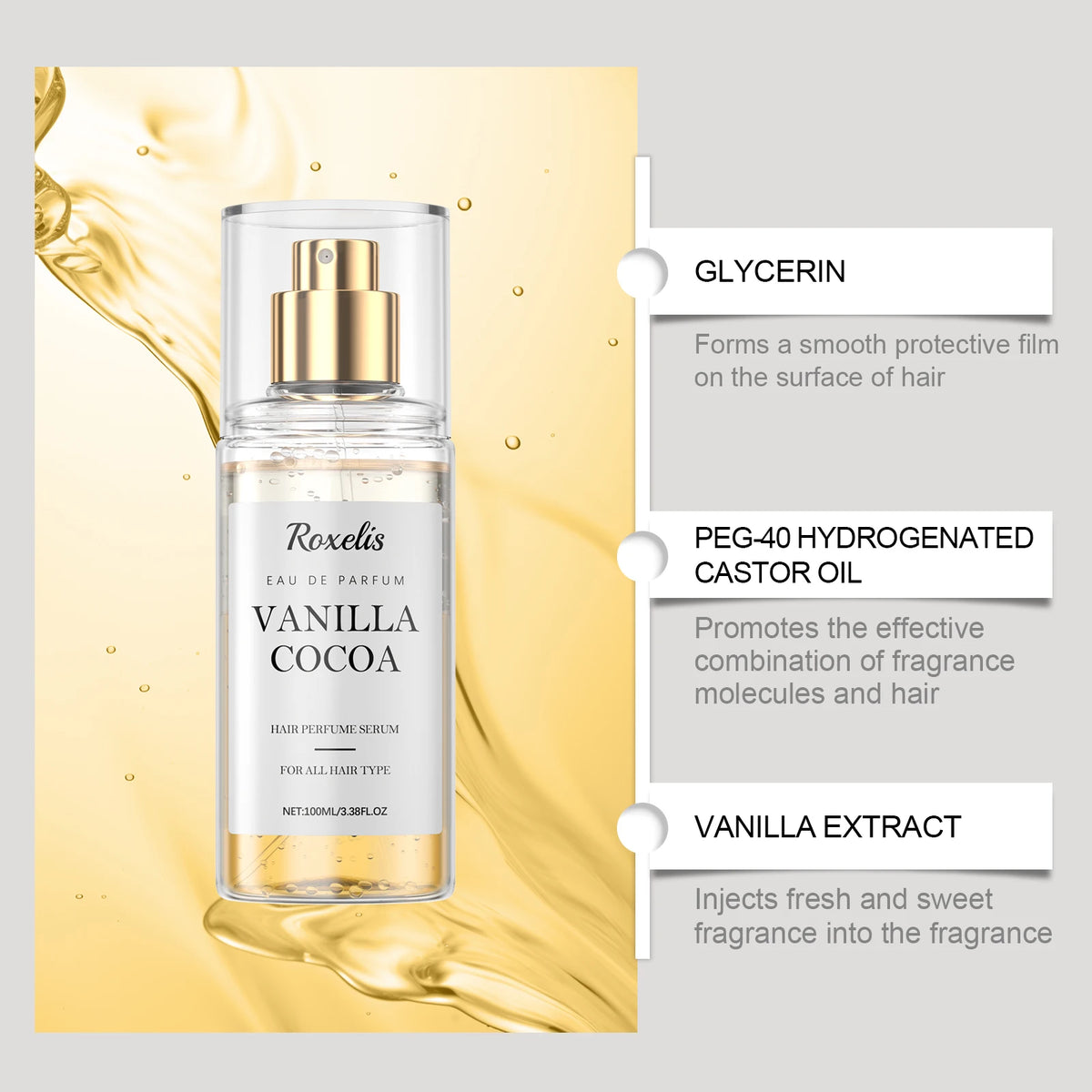 Roxelis Vanilla Cocoa Hair Care Perfume Spray Body Fragrance Fresh Scent Added to Hair