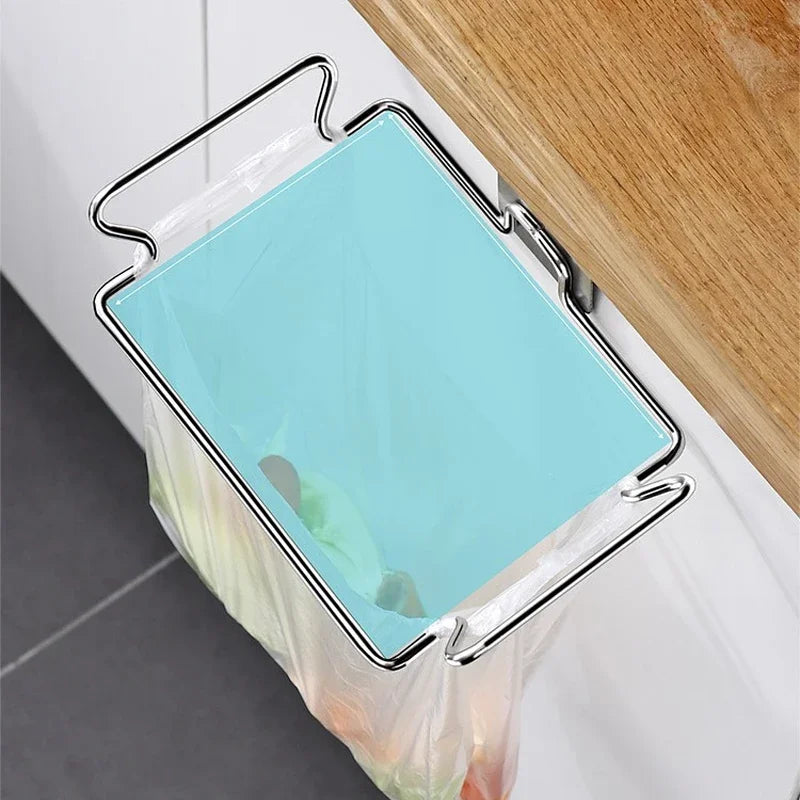Kitchen Non Perforated Stainless Steel Garbage Rack With Hanging Bracket, Cabinet Door With Cloth And Garbage Bag Storage Rack