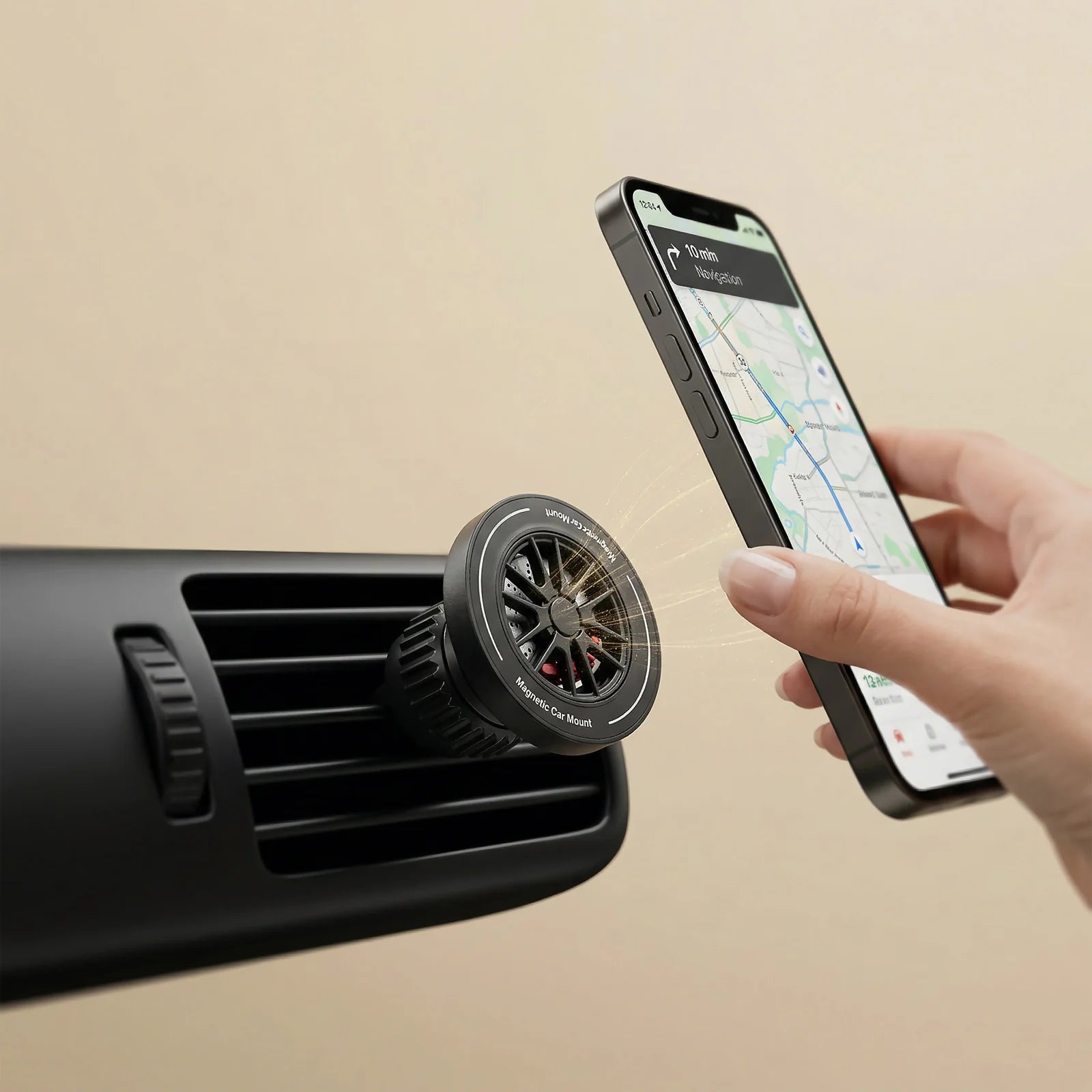 Magnetic Car Phone Mount – 4500 Gauss N52 Magnet, Wheel-Rim Design, Super Strong Phone Holder for Air Vent, for iPhone Android