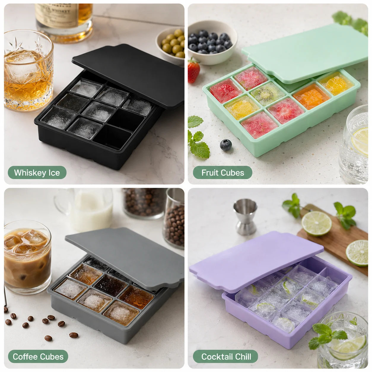 15-Grid Silicone Ice Cube Tray with Lid Large Square Ice Mold for Whiskey Cocktails Reusable Easy Release Ice Maker
