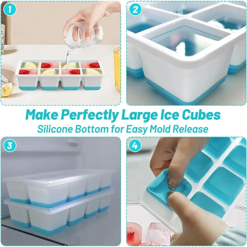 8 Grid Large Square Plastic Ice Tray with Lid, Soft Bottom Easy To Release Mold  Large Ice Cube Mold for Whiskey Cocktail