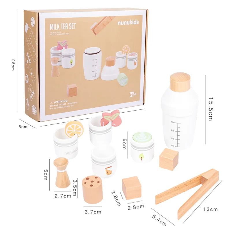 Children Pretend Play Kitchen Toy Wooden Simulation Milk Tea Set Children Role Play Game for Girls Boys Imitation Game Education