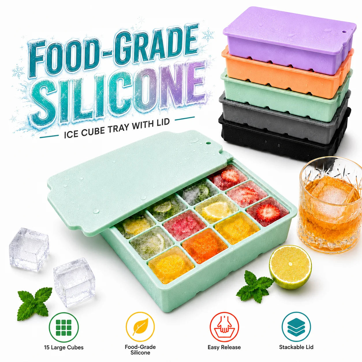 15-Grid Silicone Ice Cube Tray with Lid Large Square Ice Mold for Whiskey Cocktails Reusable Easy Release Ice Maker