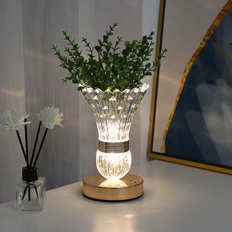 Crystal LED Vase Table Lamp USB Charging Touch Switch Tricolor Dimming Bedroom Decoration Bedside Living Room Decor Desk Lamp