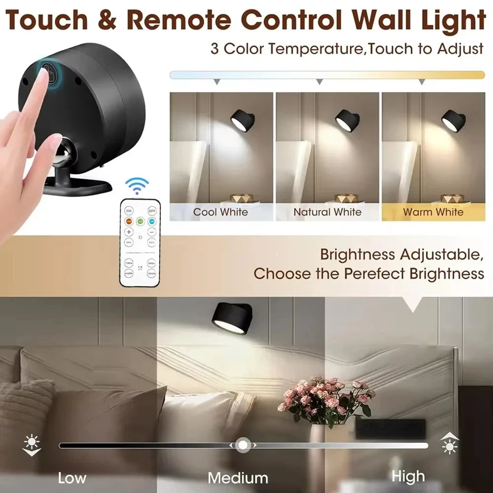 LED Wall Lights with Remote, Rechargeable Wall Mounted Reading Sconces Lamp 2000mAh, 3 Colors & Dimmable Magnetic 360° Rot