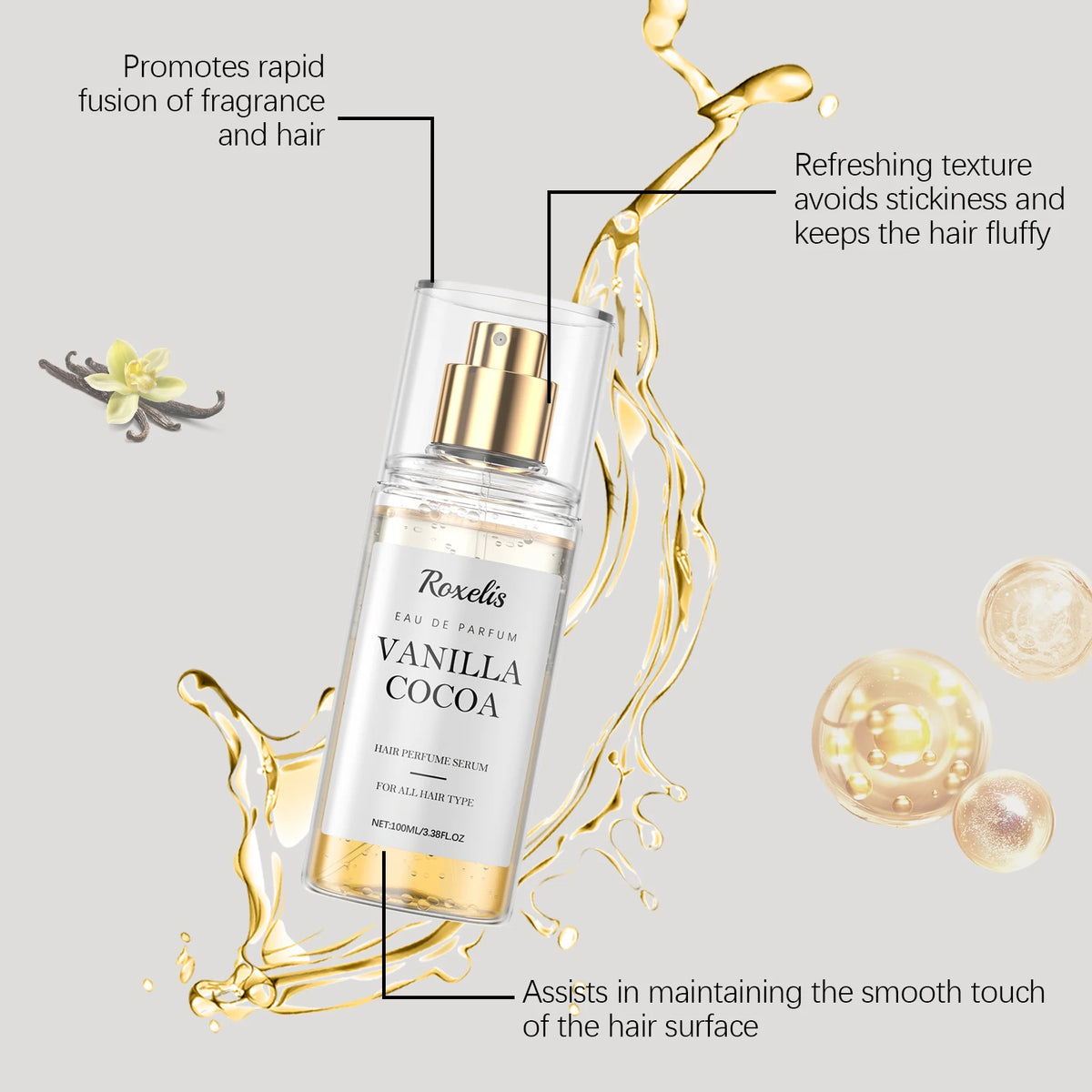 Roxelis Vanilla Cocoa Hair Care Perfume Spray Body Fragrance Fresh Scent Added to Hair