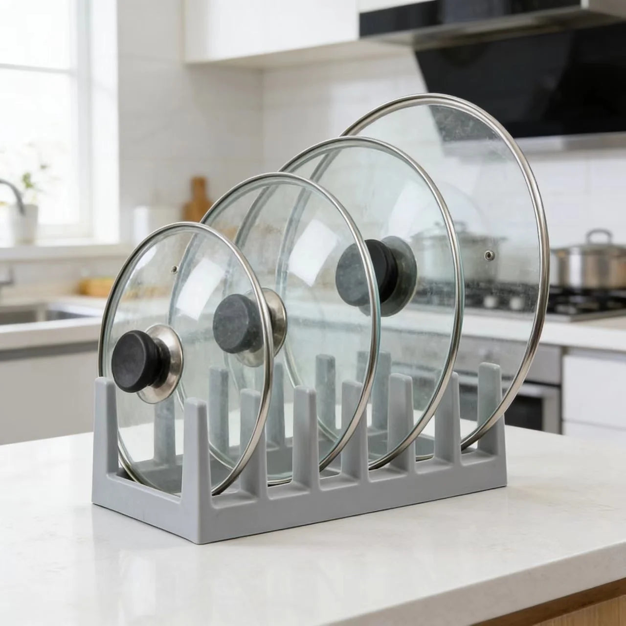 Kitchen Cabinet Organizer for Food Contanier Lid, Large Lid Holder with 6 Dividers for Pantry Organizers and Storage, Home Drawe